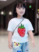 亮片女童短袖衣服，夏季白色t恤小大儿童，变色上衣草莓纯棉圆领