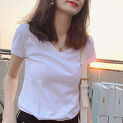 纯色t恤女士夏季上衣，纯棉百搭显瘦体恤修身短袖，白色v领紧身打底衫