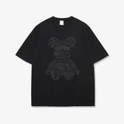 香港潮牌字母熊短袖(熊短袖)t恤男美式设计感夏季薄款大码宽松黑色打底衫