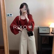 rixoexit法式酒红色毛衣女(毛衣女)时尚，洋气宽松慵懒风阔腿裤两件套上衣