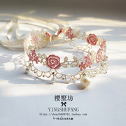 韩国复古超仙甜美粉色蕾丝，花朵珍珠吊坠项圈系带，颈带choker锁骨链