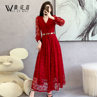 红色连衣裙2024春夏季女装长款气质高级感独特超好看蕾丝裙子