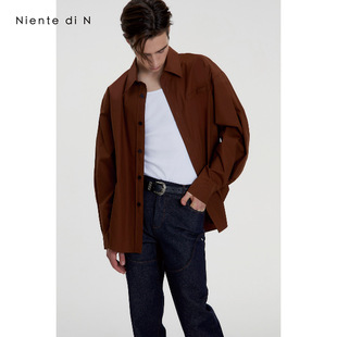 Niente di N 原创设计长袖上衣经典版深棕色廓形宽松蝙蝠袖衬衫男