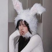 2023年可爱少女毛毛绒(毛毛绒，)兔子耳朵头套帽子拍照演出道具白色