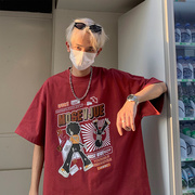 阿美咔叽短袖t恤男hiphop夏季日系复古纯棉薄款圆领酒红色上衣ins