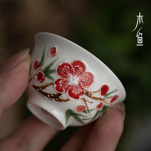 木鱼潮州老瓷器浮雕，手绘粉彩功夫茶杯，凤凰单丛小品茗杯反口杯