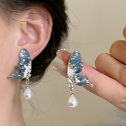 蓝水晶蝴蝶珍珠耳钉耳饰女轻奢，高级感气质耳环小众设计感流苏耳坠