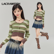 lacrawfish多巴胺甜美撞色条纹，针织衫绵羊毛辣妹修身短上衣女