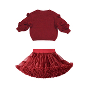 冬季新年装半身裙新年甜美可爱女童红色球球毛衣针织tutu裙套装