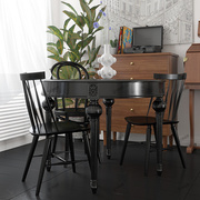 法式复古餐桌圆形全实木小户型饭桌黑色橡木美式雕花轻奢一桌四椅