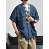 国潮小众设计感道袍男新中式，薄款牛仔衬衫，夏季短袖外套深蓝色衬衣