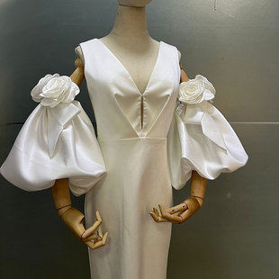新娘白色婚纱手套手工，山茶花黑色礼服手袖抹胸婚纱，造型袖子遮手臂