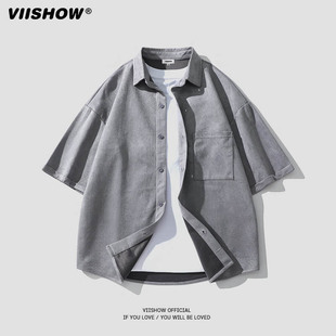 VISHOW麂皮绒短袖衬衫男夏季美式复古半袖衬衣宽松潮牌痞帅