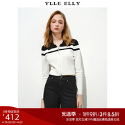 YLLE ELLY黑白撞色针织衫2024春季经典Polo领短款休闲开衫女