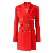 高定巴尔家双排扣b字腰带西装，连衣裙气质红色，修身显瘦职业外套裙