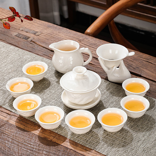 德化白瓷茶具套装，家用客厅办公简约高档陶瓷，泡茶盖碗功夫茶杯小套