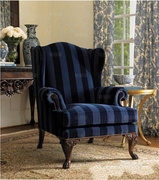 新古典布艺沙发椅美式乡村老虎椅欧式高背蓝色条纹休闲椅单人沙发