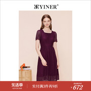 yiner音儿专选女装，夏季复古方，领修身酒红色连衣裙