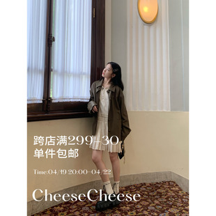 cheese'英式古董vintage'外套，女秋季包扣皮夹克复古宽松棕色皮衣