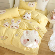 黄色小兔子床上水洗棉，四件套全棉纯棉儿童三件套可爱女孩加厚磨毛