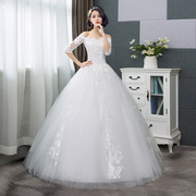 婚纱2023夏韩版一字肩新娘结婚齐地白色蕾丝大码修身显瘦婚纱