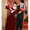 旗袍敬酒服新娘2024酒红色，订婚礼服裙，中式结婚长袖丝绒冬季女