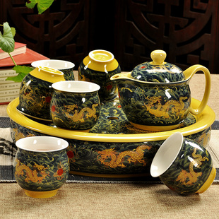 德化青花瓷器大茶壶整套冰裂陶瓷茶盘，双层茶杯家用茶具套装
