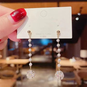银针韩国时尚珍珠链条水晶球耳钉潮气质高级感网红耳环女