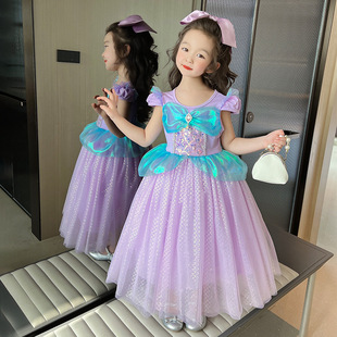 女童美人鱼公主裙夏季儿童紫色蓬蓬人鱼姬生日礼服洋气亮片连衣裙