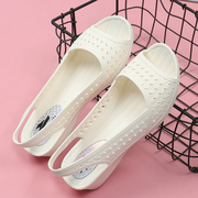鱼嘴凉鞋女夏季白色塑料，坡跟透气沙滩鞋防水工作鞋，简约防滑护士鞋