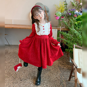 女童公主裙冬装2024儿童红色丝绒连衣裙小女孩洋气礼服裙子