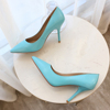 欧美糖果色蓝绿色羊皮高跟鞋，基本款尖头细跟真皮，单鞋浅口鞋时尚鞋
