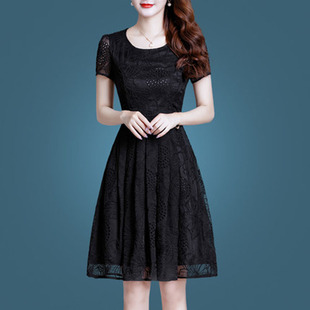 黑色蕾丝连衣裙2023夏季女装大码高腰显瘦气质短裙夏天蕾丝裙