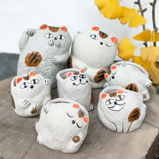 多肉花盆招财猫陶瓷创意可爱卡通，动物日系猫咪，拇指大小号家居客厅