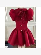 红色小香风泡泡袖连衣裙，富家千金气质蝴蝶结，轻奢收腰减龄蓬蓬裙