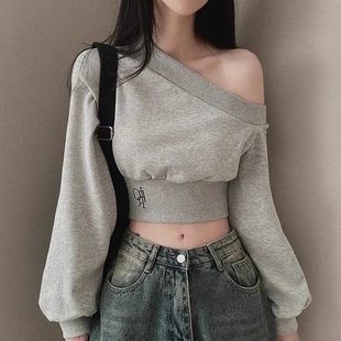 韩国chic春季小众个性不规则，斜领露肩收腰显瘦百搭短款长袖卫衣女