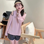 韩版中大童时髦露肩长袖防嗮衣短裤两件套2023夏季洋气套装潮