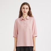 法式甜美polo领雪纺衬衫，女2024春夏，五分袖半开襟粉色套头上衣