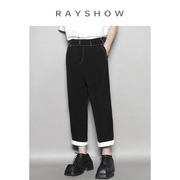 RAYSHOW原创设计 英伦复古撞色卷边休闲裤 辑明线宽松直筒九分裤