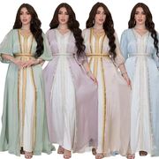 跨境外贸女装烫钻中东迪拜轻奢礼服套装，亮丝缎面三件套连衣裙女