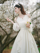 春夏季纯白气质法式浪漫露肩珍珠雪纺荷叶边连衣裙仙女公主长裙