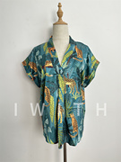 外贸女装绿色夏威夷衬衫宽松森林系短袖古巴领花衬衫