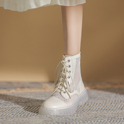 海伦倌白色网靴复古系带，透明底时尚短靴厚底，夏季英伦风马丁靴