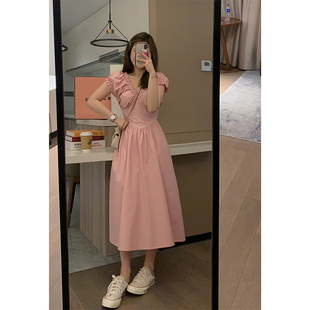 Veee 甜茶裙 粉色显瘦V领泡泡袖设计感褶皱优雅长款法式连衣裙
