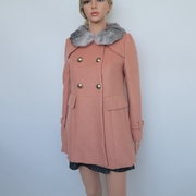 艾格特s女秋冬桔色，真毛领呢大衣暖外套4n4281