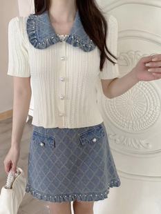 韩国ulzzang夏季法式气质时尚，翻领钉珠拼接针织上衣+半身裙女