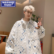 wassup happy彩色格子长袖衬衫男士2024春季潮牌宽松衬衣外套