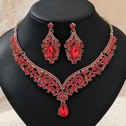 欧美复古项链耳环套装新娘婚礼宴会礼服饰品夸张奢华红宝石两件套