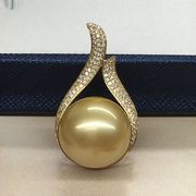 南洋金珠吊坠18K金正圆形珍珠14-15mm深金色原色无染色海水珠豪镶