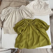 森系儿童棉麻花苞袖纯色上衣，女童短袖透气娃娃衫1-6岁女孩棉麻衫